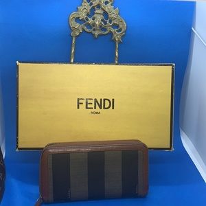 Fendi Tobacco Pequin Stripe Canvas and Zip Around Continental Wa…